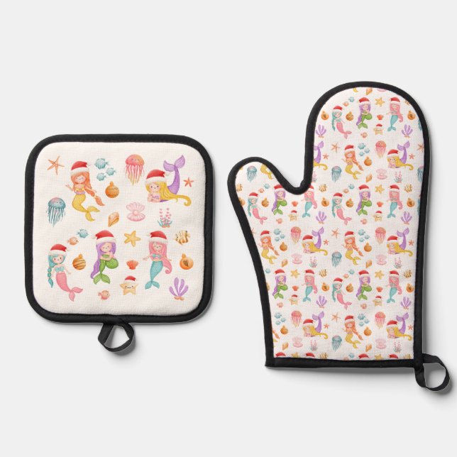 Mermaid Santa Pattern Oven Mitt & Pot Holder Set (Front)