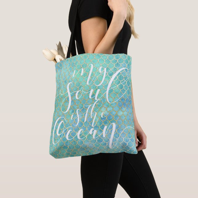 Mermaid Scale Aqua & Gold "My Soul Is The Ocean" Tote Bag (Close Up)
