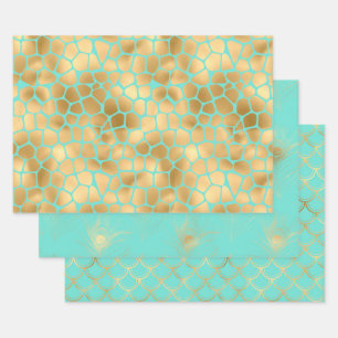 Mermaid scale, giraffe print and feathers wrapping paper sheet