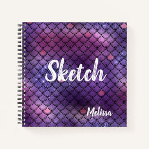 Mermaid Scale Glitter Purple Monogram Sketchbook N Notebook