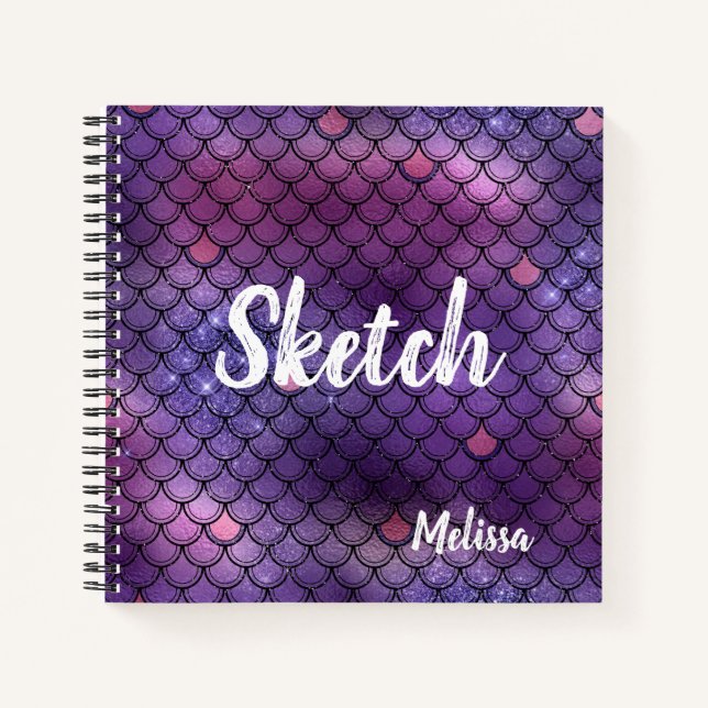 Mermaid Scale Glitter Purple Monogram Sketchbook N Notebook (Front)