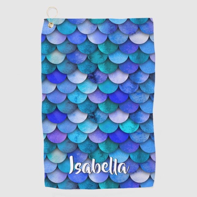 Mermaid scale pattern blue purple name golf towel (Front)