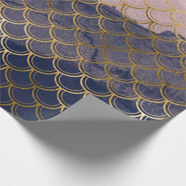 Mermaid Scale Pink Rose Glitter Navy Ink Gold Skin Wrapping Paper (Corner)
