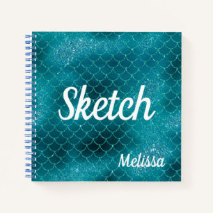 Mermaid Scale Teal Glitter Monogram Sketchbook Not Notebook