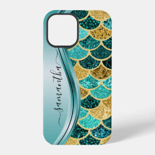 Mermaid Scales Aqua Handwritten Name Gold iPhone 12 Pro Case