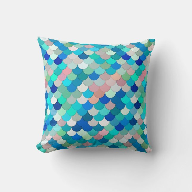 Mermaid Scales, Aqua, Shell Pink, and Cobalt Cushion (Front)