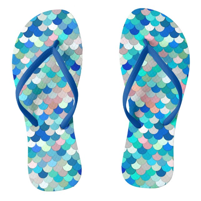 Mermaid Scales, Aqua, Shell Pink, and Cobalt Flip Flops (Footbed)