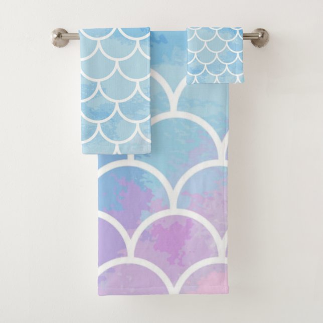 Mermaid Scales Beachy Beach House Mermaid Bathroom Bath Towel Set (Insitu)