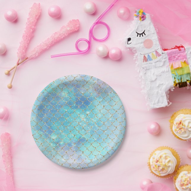 Mermaid Scales Blue Gold Sea Birthday Party Paper Plate (Party)