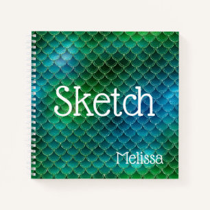 Mermaid Scales Blue Green Glitter Name Sketchbook  Notebook