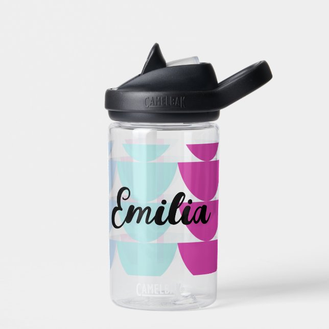 Mermaid Scales Blue Pink Kids Name Water Bottle (Left)