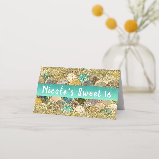 Mermaid Scales Cascading Gold Glitter Table Seat Place Card (Front)