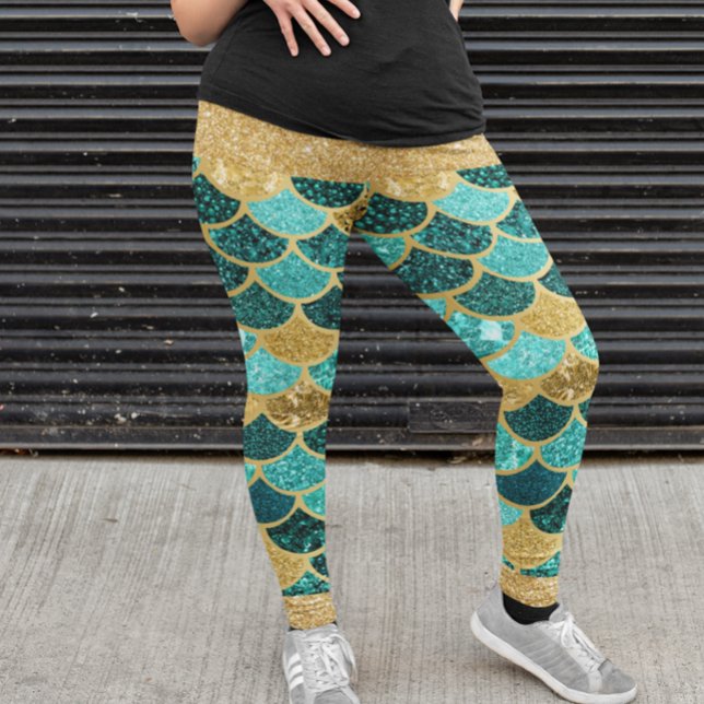 Mermaid Scales Colourful Pretty Gold Glitter Teal Leggings (Creator Uploaded)