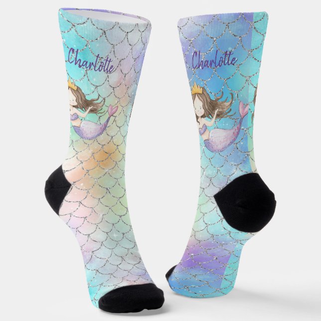 Mermaid Scales Faux Glitter Custom Name Socks (Angled)