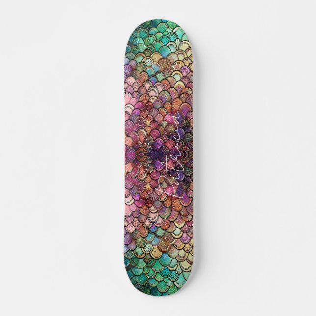 Mermaid Scales Girly Glitter Green Purple Chic Skateboard (Front)