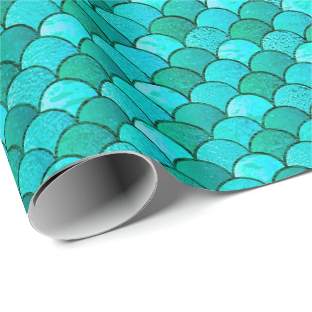 Mermaid Scales Glitter Blue Ocean Aqua Wrapping Paper (Roll Corner)