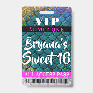 Mermaid Scales Glitter Party Sweet 16 VIP Pass ID Badge