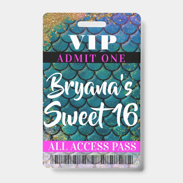 Mermaid Scales Glitter Party Sweet 16 VIP Pass ID Badge (Front)