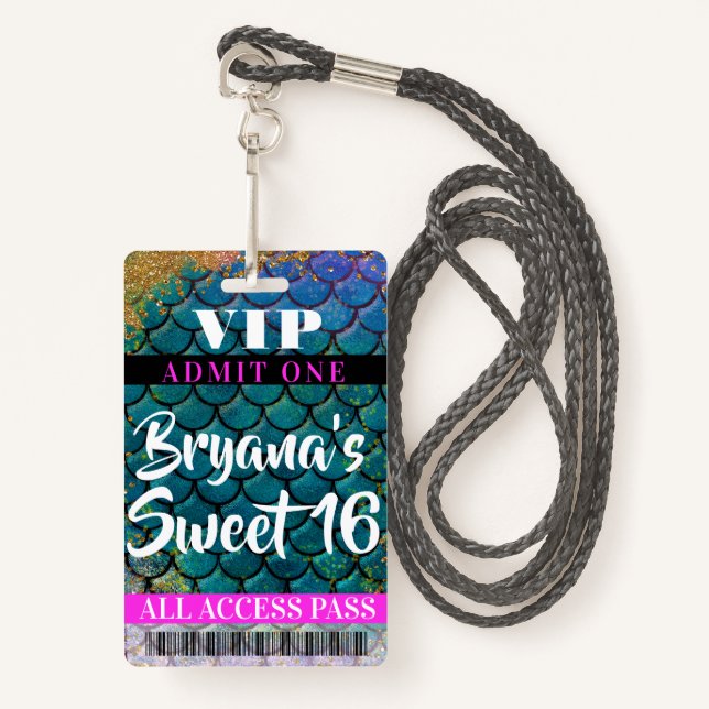 Mermaid Scales Glitter Party Sweet 16 VIP Pass ID Badge (Front with Lanyard)