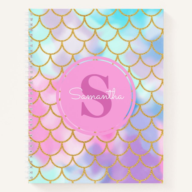 Mermaid Scales Gold Glitter Pattern Pink Monogram Notebook (Front)