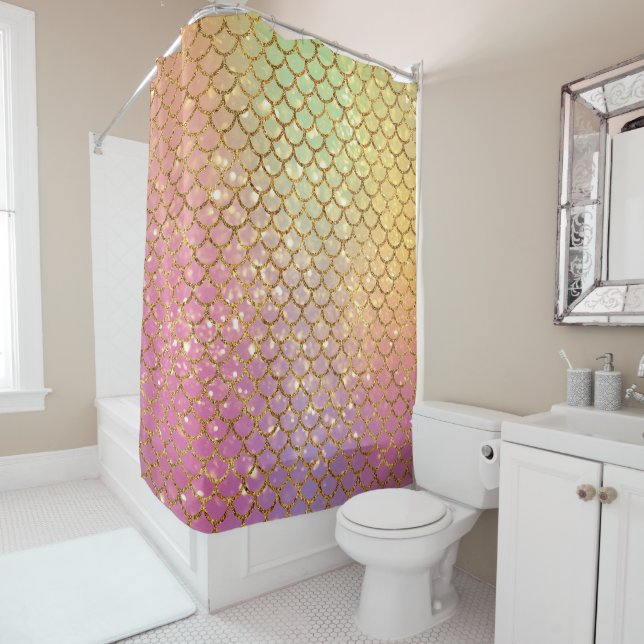 Mermaid scales gold pink green shower curtain (In Situ)