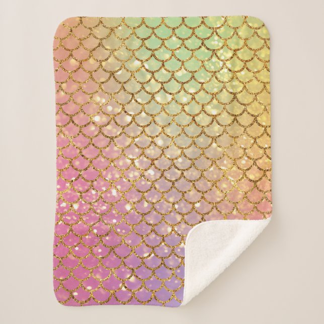 Mermaid scales gold pink purple green sherpa blanket (Front)