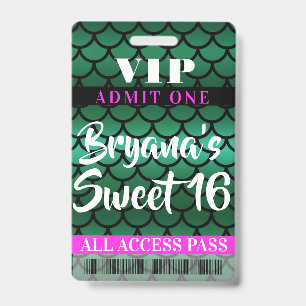 Mermaid Scales Green Black Party Sweet 16 VIP Pass ID Badge