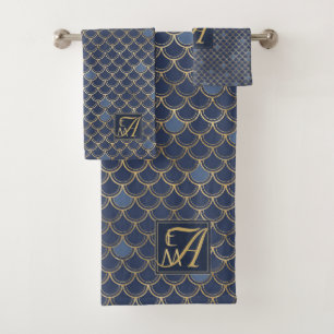 Mermaid Scales Monogram Navy Blue Gold Home Decor Bath Towel Set