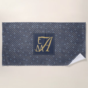 Mermaid Scales Monogram Navy Blue Gold Home Decor Beach Towel