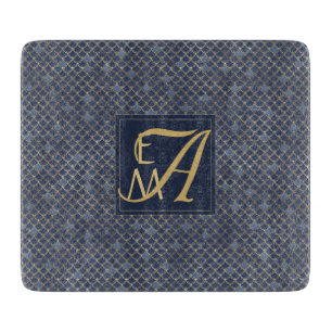 Mermaid Scales Monogram Navy Blue Gold Home Decor Cutting Board
