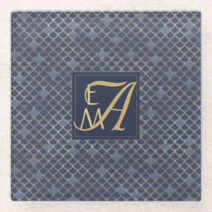 Mermaid Scales Monogram Navy Blue Gold Home Decor Glass Coaster