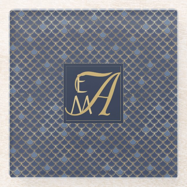 Mermaid Scales Monogram Navy Blue Gold Home Decor Glass Coaster (Front)