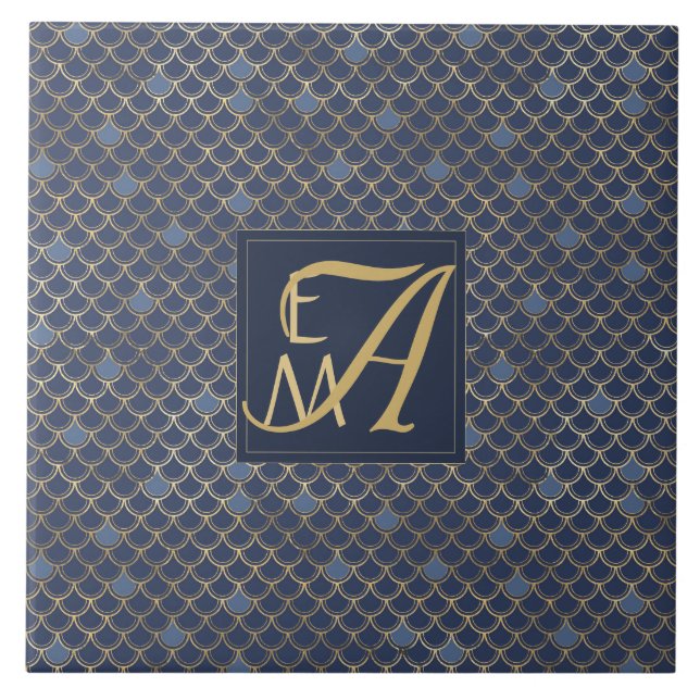 Mermaid Scales Monogram Navy Blue Gold Home Decor Tile (Front)