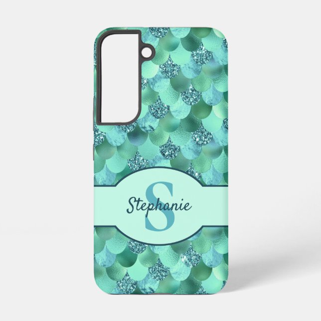 Mermaid Scales Monogram Sea Green Aqua Blue Samsung Galaxy S22 Case (Back)