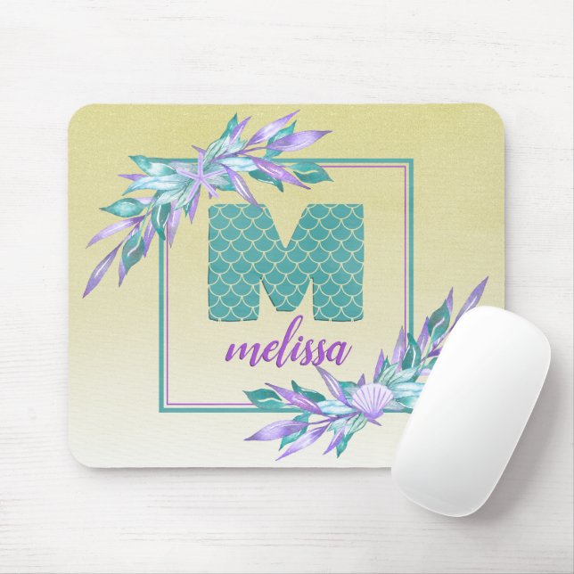 Mermaid Scales Monogram | Watercolor Ombre Floral Mouse Mat (With Mouse)