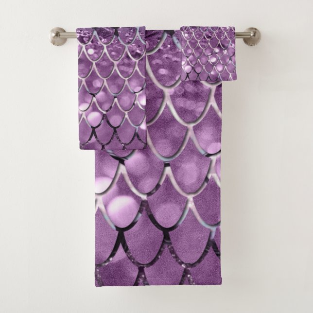 Mermaid Scales on Aqua Purple MERMAID Glitter #2 Bath Towel Set (Insitu)