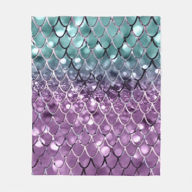 Mermaid Scales on Aqua Purple MERMAID Glitter #2 Fleece Blanket (Front)