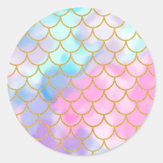 Mermaid Scales Pastel Gold Glitter Pattern Girly Classic Round Sticker