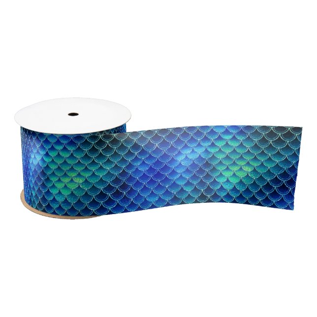 Mermaid Scales Pattern Blue ID600 Satin Ribbon (Spool)