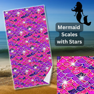Mermaid Scales Pink Mauve with Stars Beach Towel