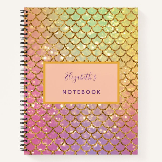 Mermaid scales pink purple ocean green glitter notebook (Front)