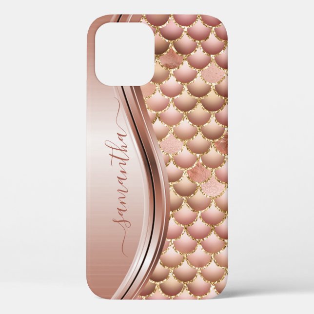 Mermaid Scales Rose Gold Handwritten Name Metal Ca Case-Mate iPhone Case (Back)