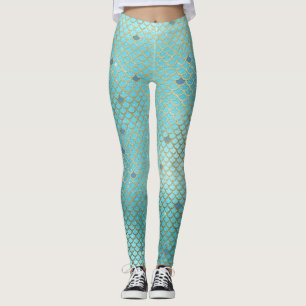 Mermaid Scales Scallops Pattern Aqua Teal Gold Leggings