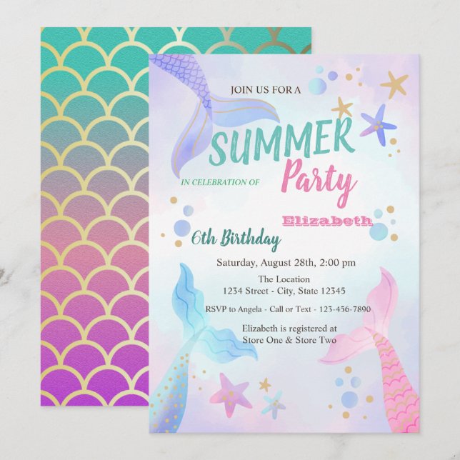 Mermaid Scales Seastars Birthday Party  Invitation (Front/Back)