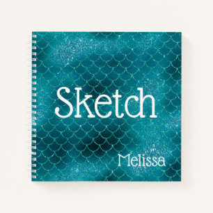 Mermaid Scales Teal Glitter Monogram Sketchbook Notebook