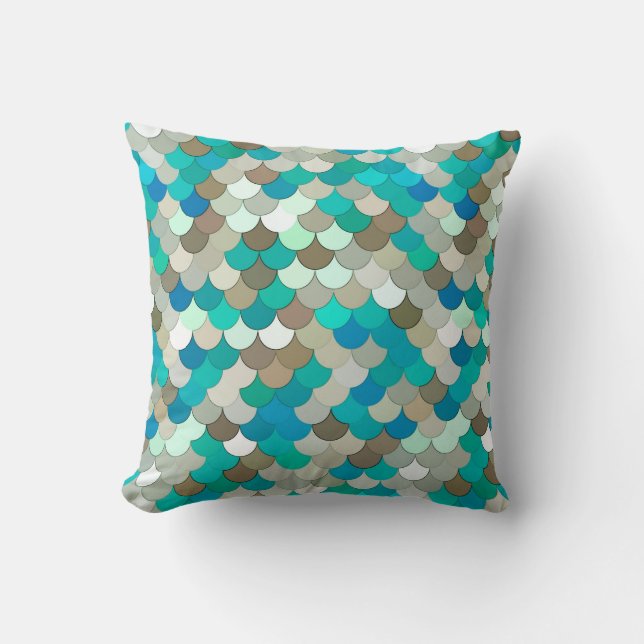 Mermaid Scales, Turquoise, Aqua, Taupe, & Cream Cushion (Front)