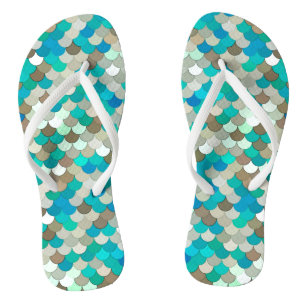 Mermaid Scales, Turquoise, Aqua, Taupe, & Cream Flip Flops