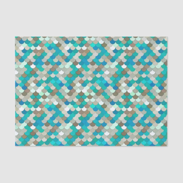 Mermaid Scales, Turquoise, Aqua, Taupe, & Cream Tissue Paper (Front)