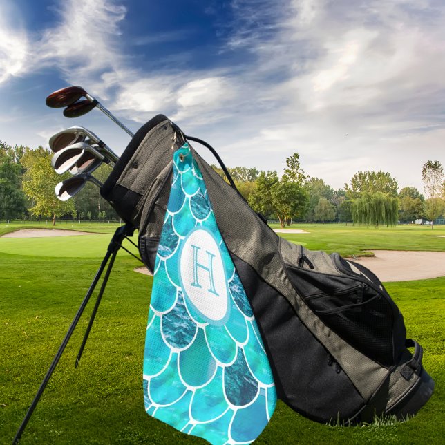 Mermaid scales turquoise green blue monogram golf towel (Creator Uploaded)