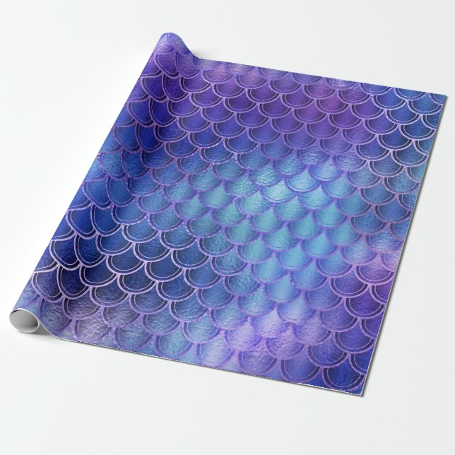 Mermaid Scales Unicorn Metallic Blue Navy Pink Wrapping Paper (Unrolled)